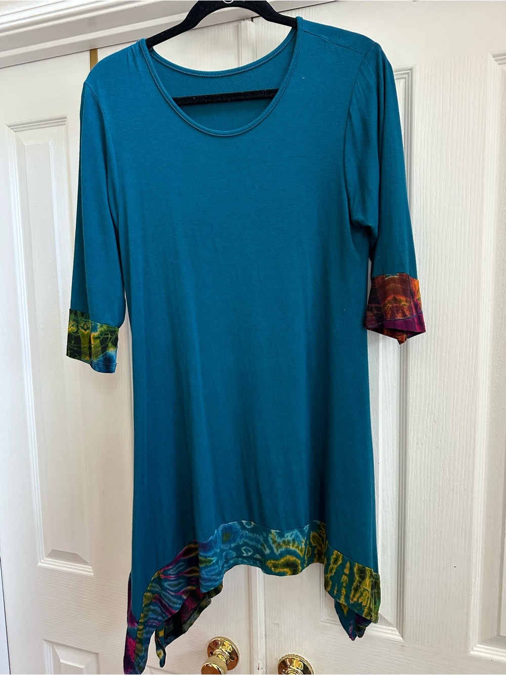 Teal Tunic with Colorful Tie-Dye Hem and Cuffs